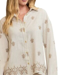 Umgee Cream Button Down Shirt with Embroidery